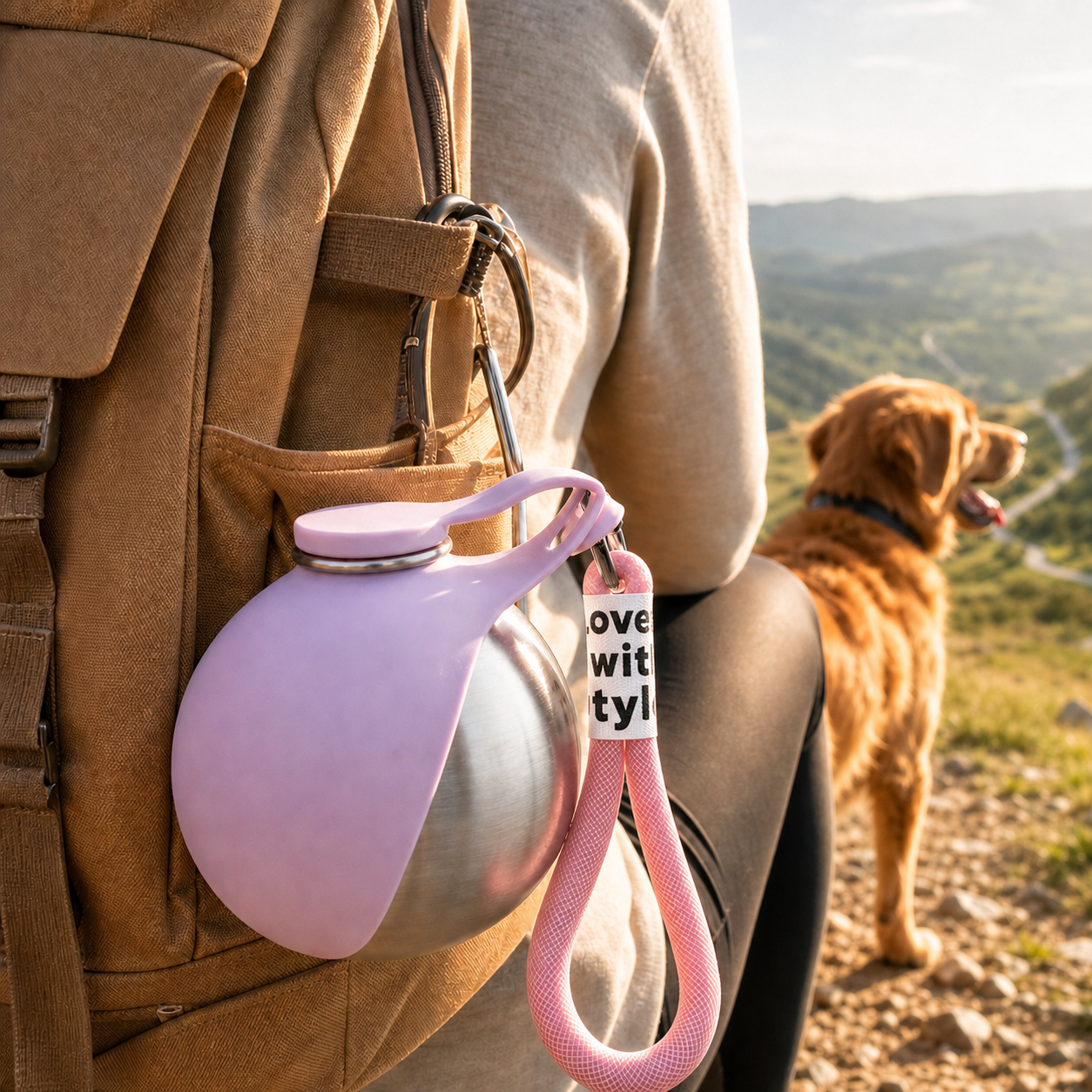 Trailbound bottle in Trail Rose clipped to a daypack during a long dog walk
