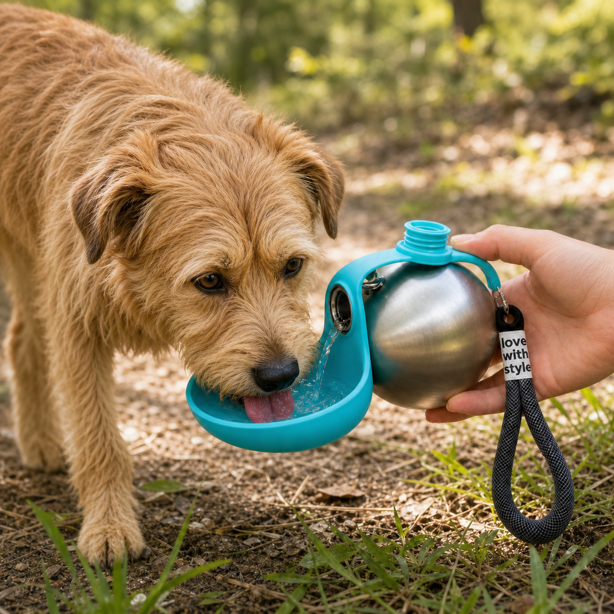 Dog drinking from the attached Trailbound Brook Blue bowl as water pours from the bottle