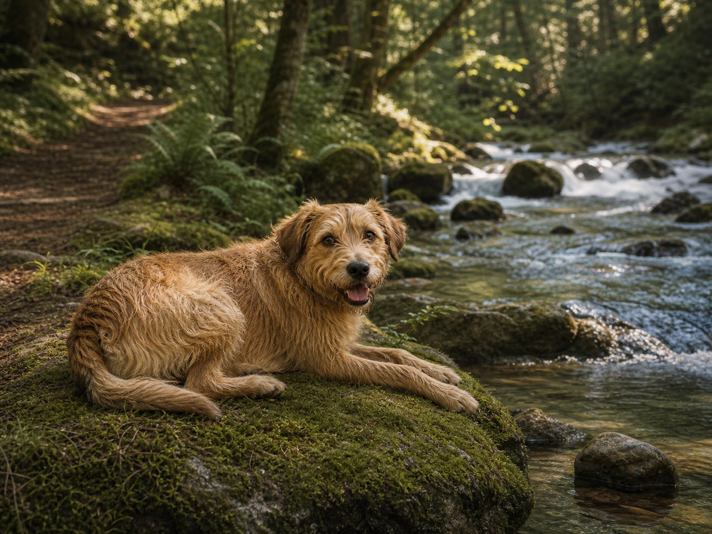 Brook resting beside a clear woodland stream